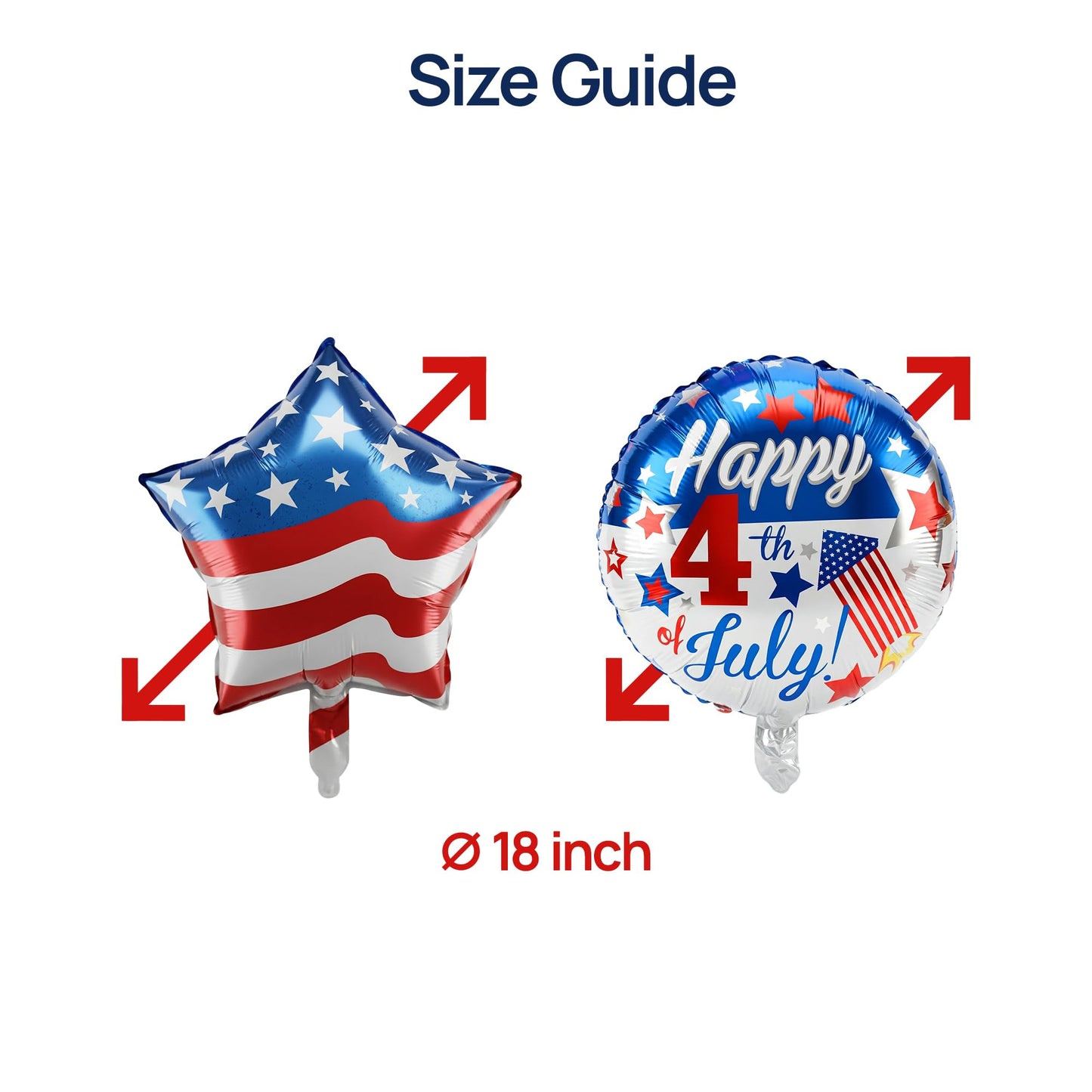 Dream Decor Happy 4th of July Balloons 12 Pack - American Flag Star & Happy 4th of July Foil Balloons with Ribbon Rolls & Inflation Straw - Patriotic