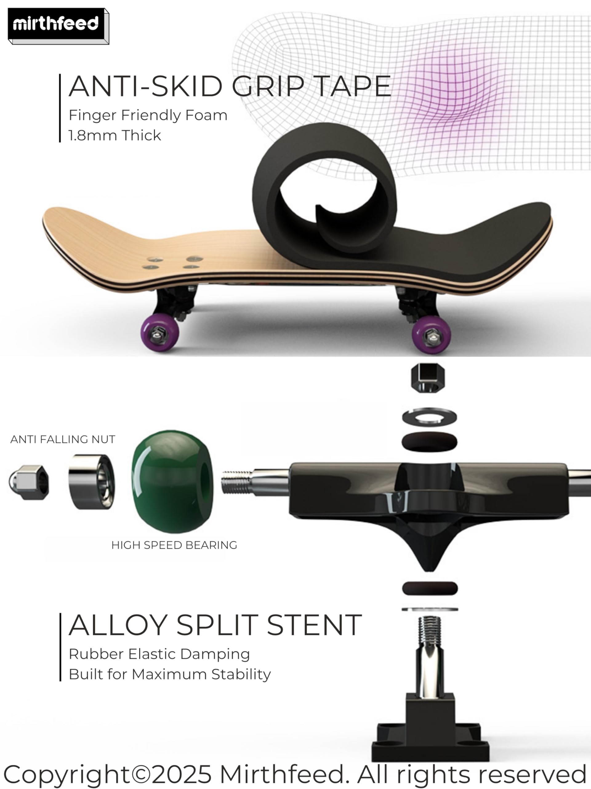 MIRTHFEED 32mm Pro Fingerboard Complete Set | Bearing Wheels | 5 Ply Maple Deck | Anti Skid Grip Tape | Complimentary Tool | Concave Shape