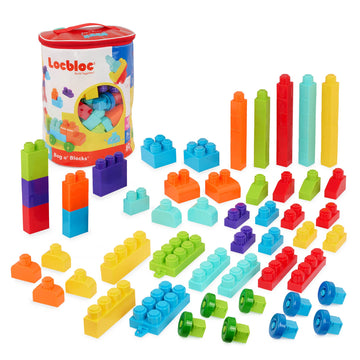 Battat - Large Building Blocks - 80 Colorful Pieces - 8 Wheel Bricks - Zippered Storage Bag - 12 Months + - Bag o' Blocks