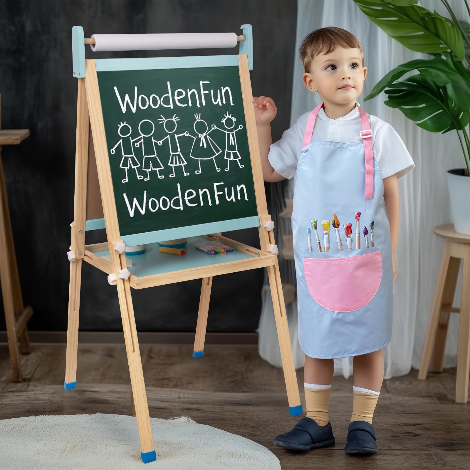 Kids Wooden Easel with Paper Roll, Adjustable Magnetic Double Sided Drawing Board Whiteboard & Chalkboard Dry Easel Board, Children Art Easel for 3-12