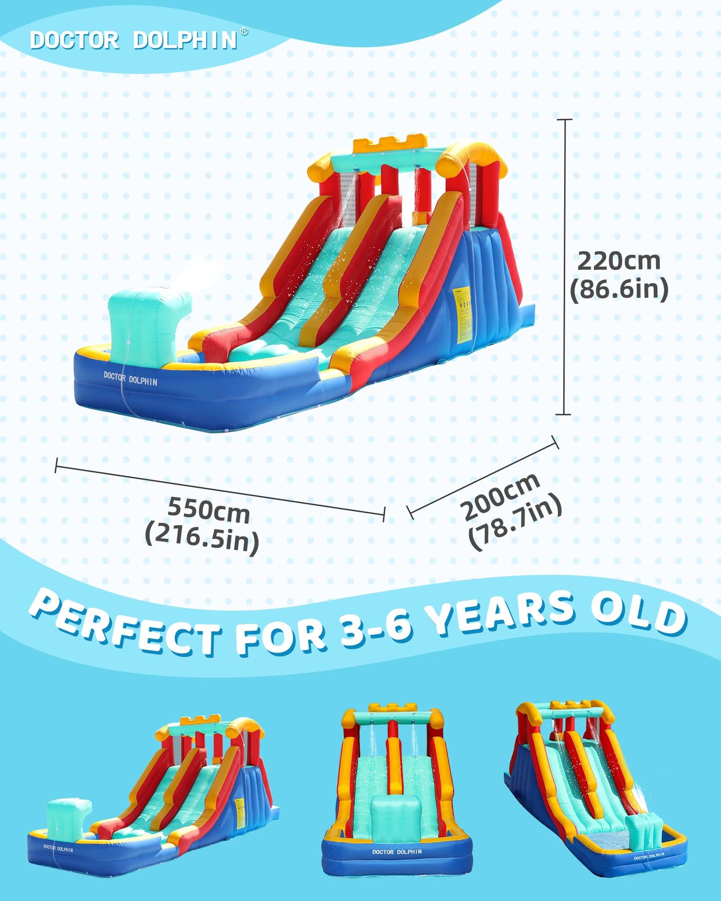 Doctor Dolphin Inflatable Water Slide with Dual Racing Slides, Mega 9-in-1 Water Park for Kids Backyard, Water Bounce House with Climbing Wall