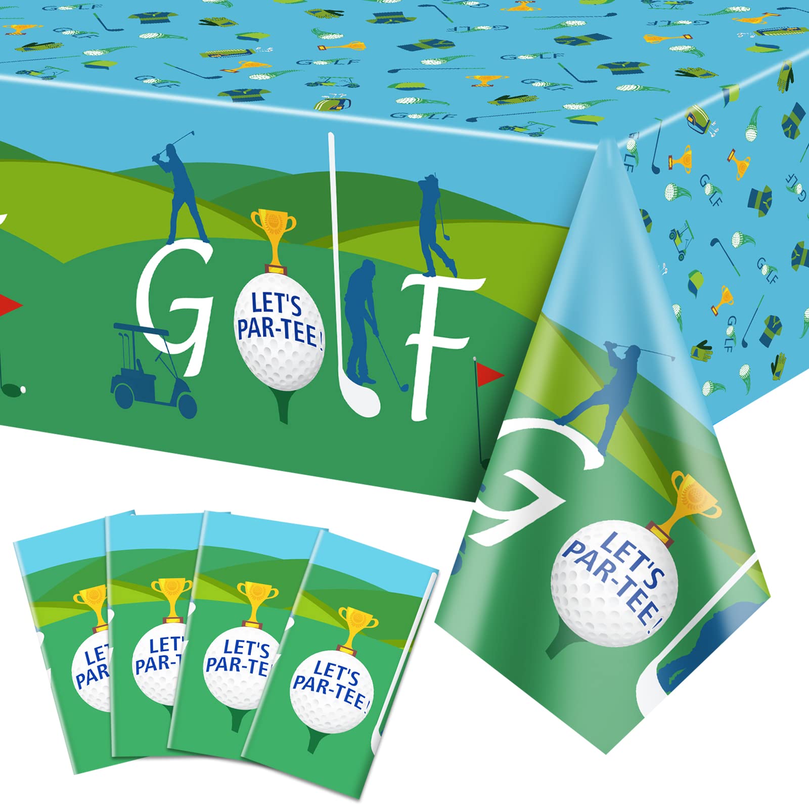 QUERICKY 4 Pack Golf Tablecloths, 51x87" Plastic Disposable Rectangle Table Cover for Golf Party Decorations & Events