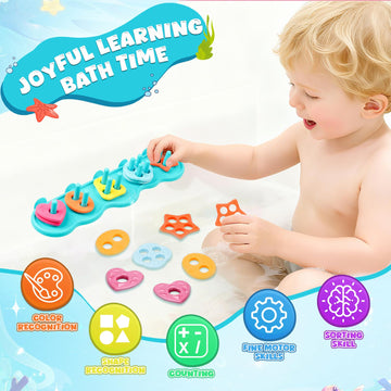 JoiTale Baby Bath Toys, Mould Free Silcone Shape Sorting & Stacking Bath Toy Set, No Hole No Mold Silicone Color & Shape Sorter Bathtub Toy Early