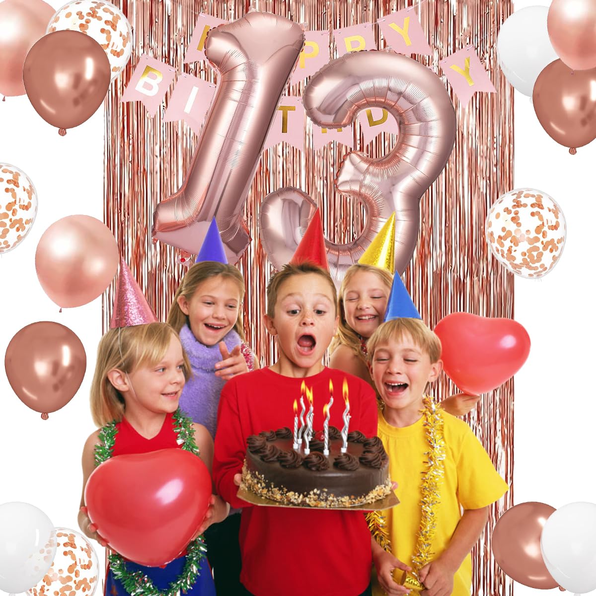 13th Birthday Decorations for Girls, Rose Gold 13th Birthday Banner, Balloon, Cake Topper, Sash and Crown, Happy 13th Birthday Party Decorations