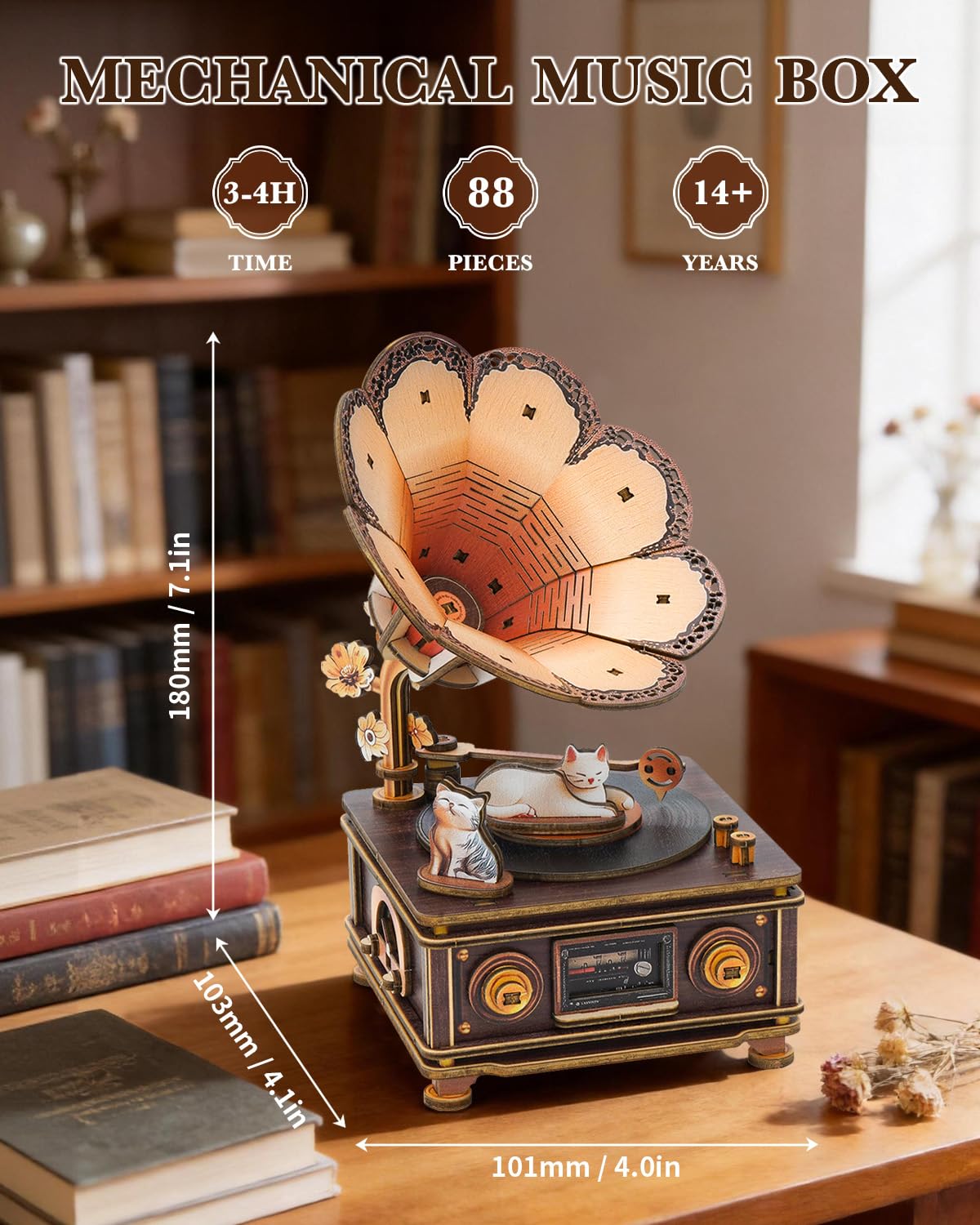 Rnfinewow 3D Puzzles for Adults, Wooden Cat Gramophone Music Box Handmade Model Kit DIY Crafts, 3D Wooden Music Box Puzzles Vintage Gramophone