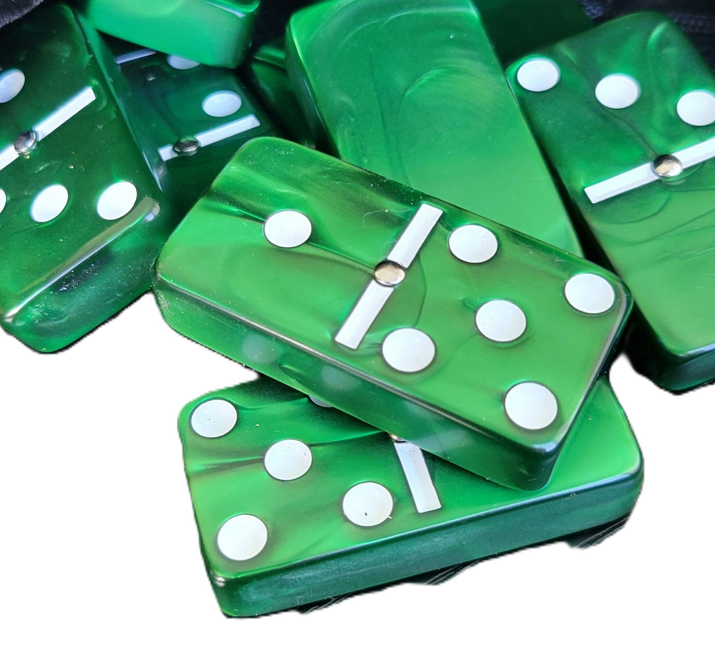 Marion Domino Double 6 Green Marbleized Tiles with Spinners, Jumbo Tournament Size in Black Elegant Velvet Bag