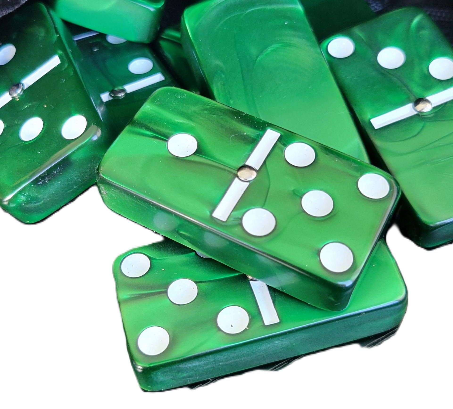 Marion Domino Double 6 Green Marbleized Tiles with Spinners, Jumbo Tournament Size in Black Elegant Velvet Bag
