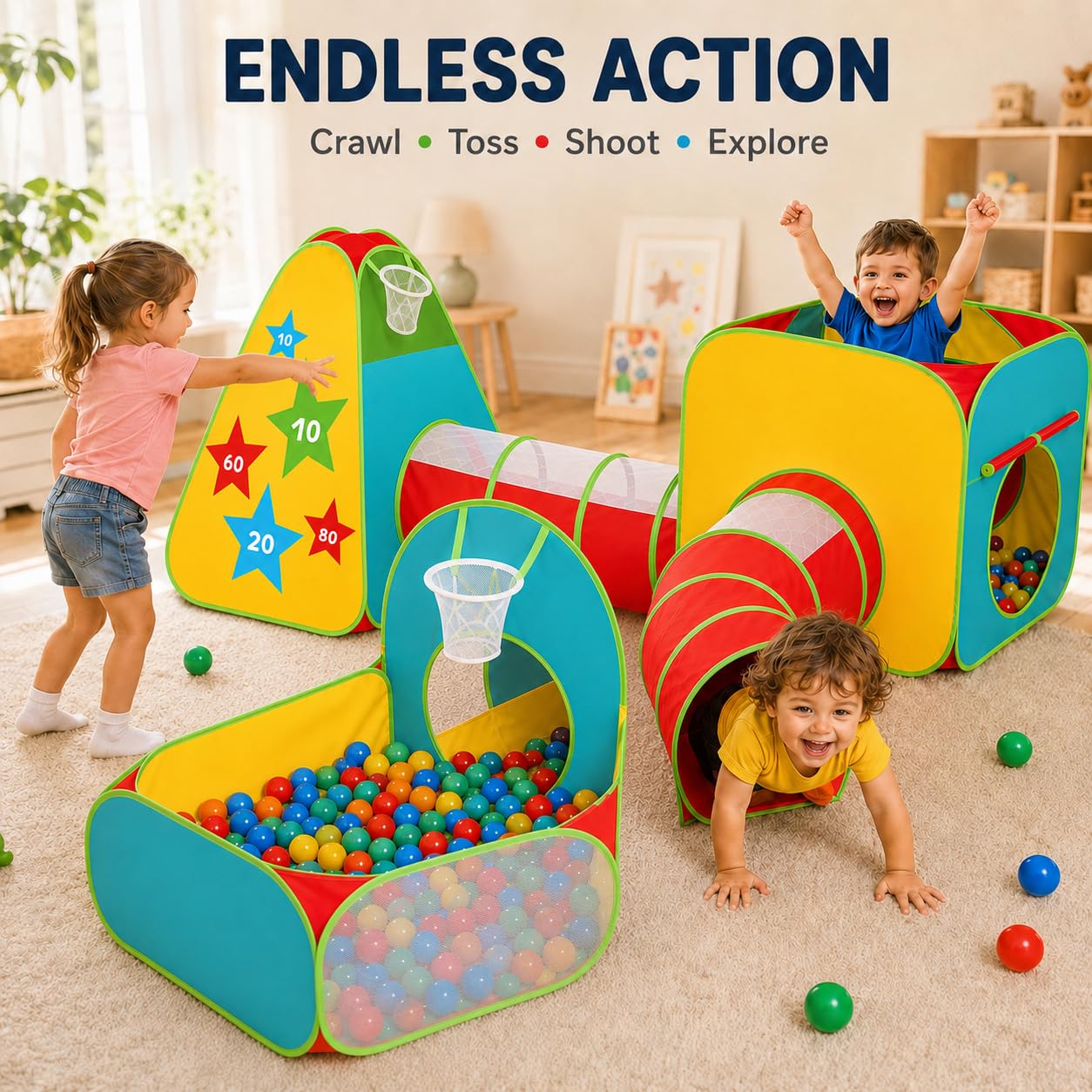 Kids Play Tent for Toddlers, 5pc Toddler Jungle Gym Playset with Ball Pit, Crawl Tunnel and Obstacle Course, Indoor Outdoor Playhouse Toy for Boys