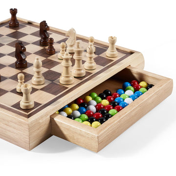 VAMSLOVE 13" Chess Chinese Checkers 2 in 1 Wooden Board Game Set with Pieces Storage Drawer - 2 Extra Queens, Bonus Marbles, for Birthday Gift