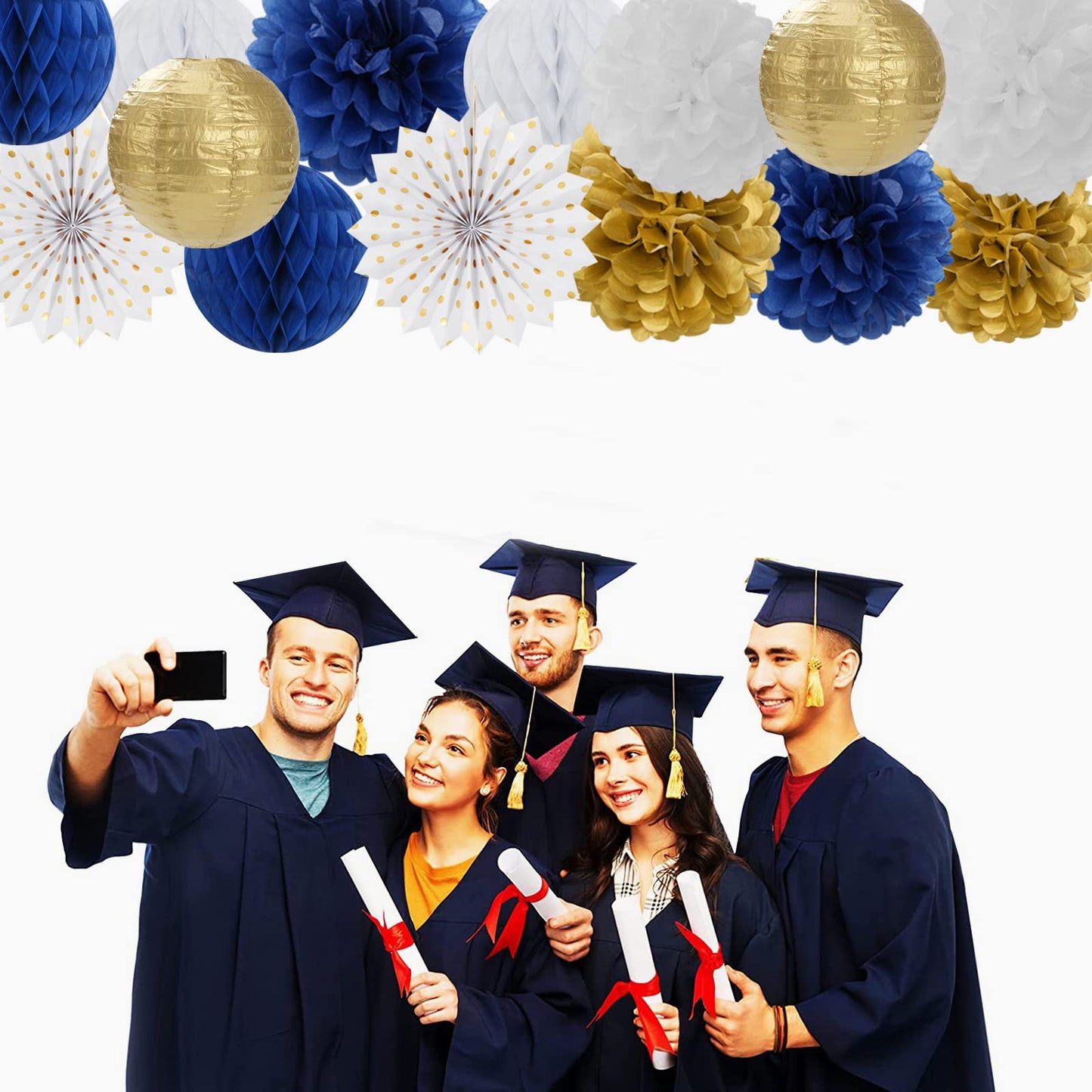 Navy-Blue White Gold Party Decorations - 14pcs Kits Paper Lanterns Fan,Tissue Flower Pom Poms Streamers,Honeycomb Balls,Graduation 2026 Men Birthday