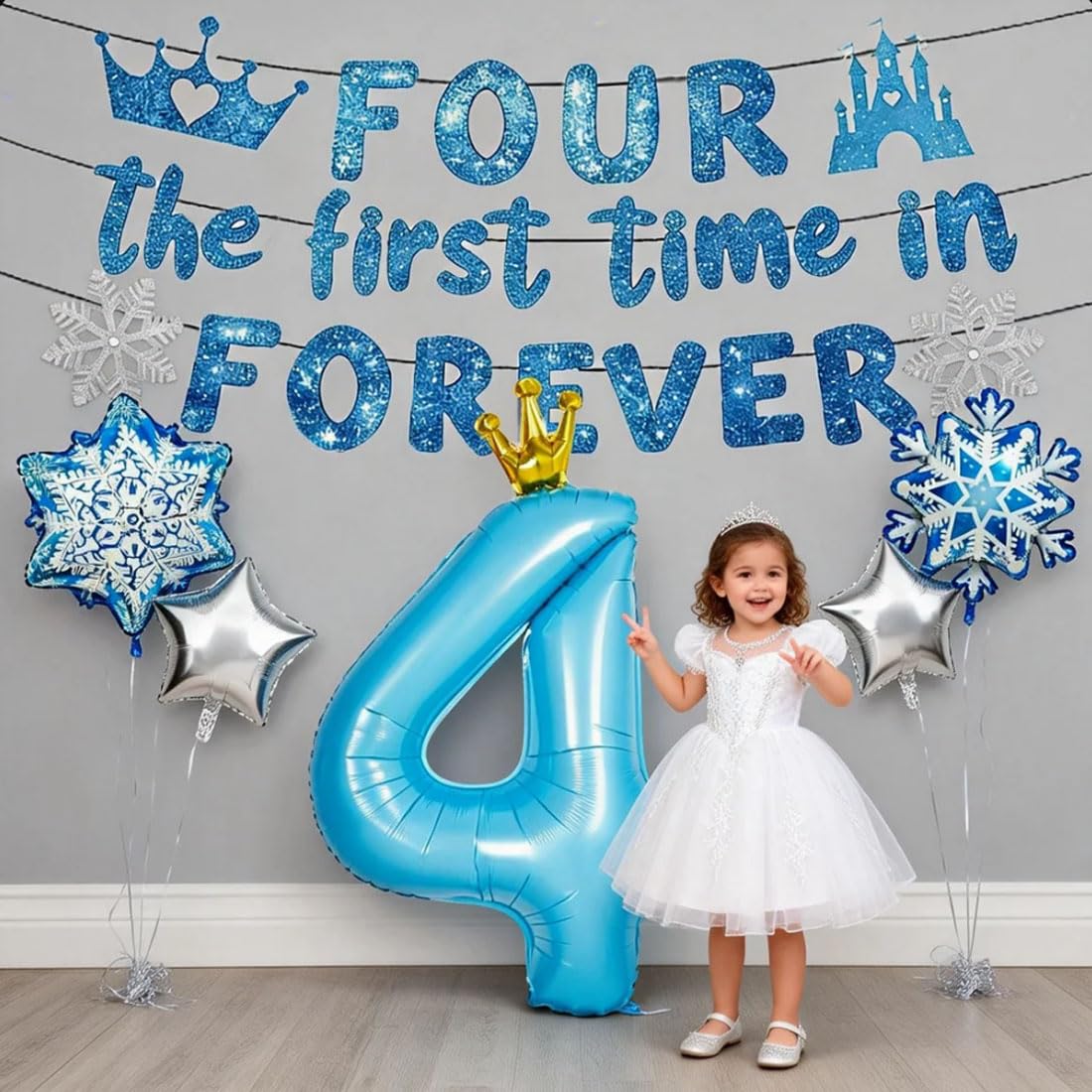 Four the First Time in Forever Banner Foil Balloons 4 year old for 4th Birthday Party Supplies Snowflake Birthday Decors Birthday Party Favors Blue