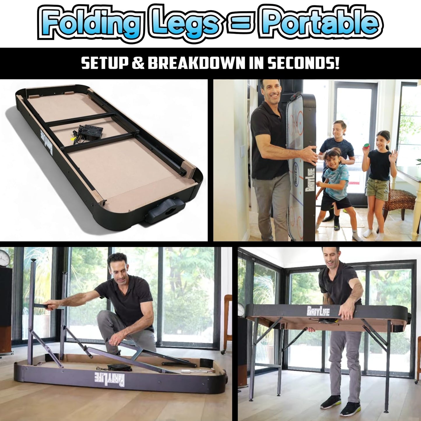 PartyLife 54" Portable Air Hockey Table w/Folding Steel Legs - NEW & Improved - Powerful Motor, Smooth Surface, Very Sturdy - PartyL!fe