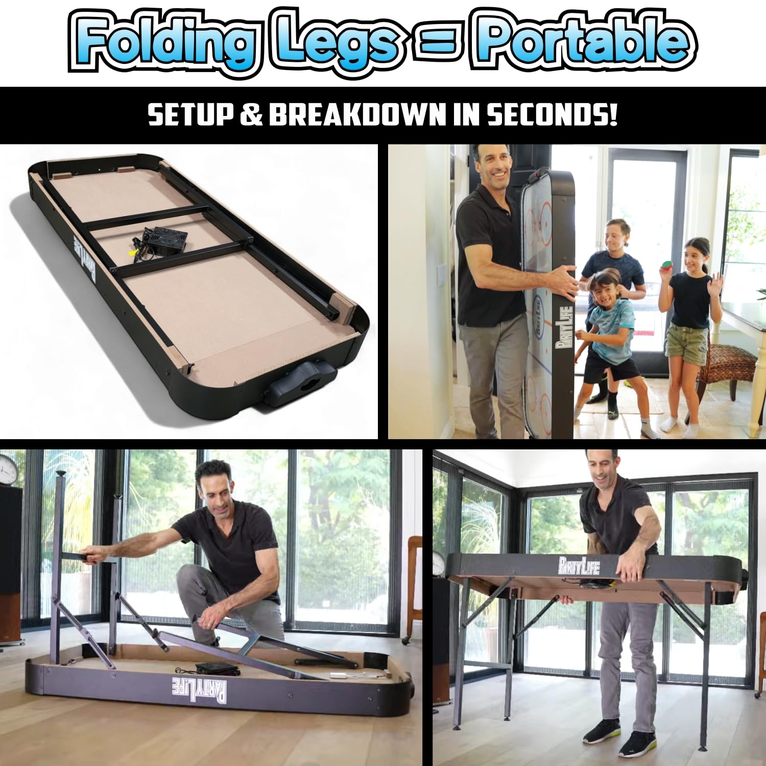 PartyLife 54" Portable Air Hockey Table w/Folding Steel Legs - NEW & Improved - Powerful Motor, Smooth Surface, Very Sturdy - PartyL!fe