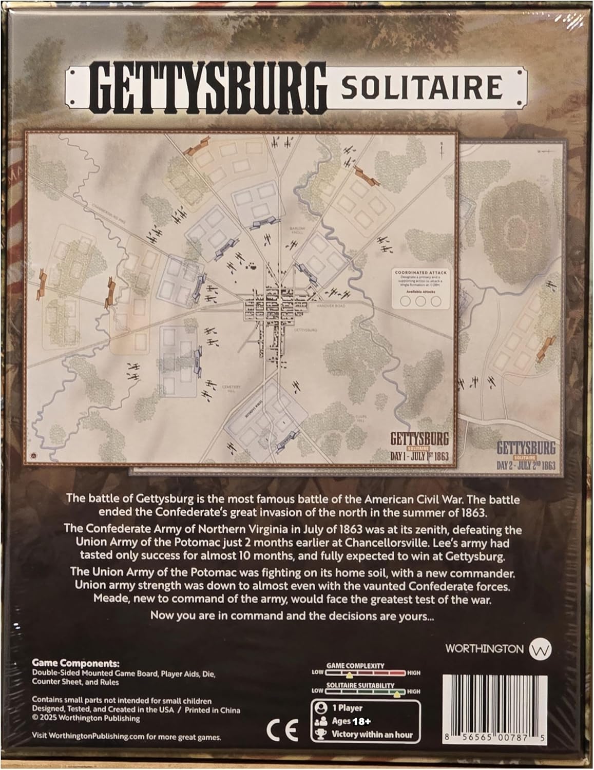 Worthington Games Gettysburg Solitaire Board Game Boxed Edition for Adults 18+