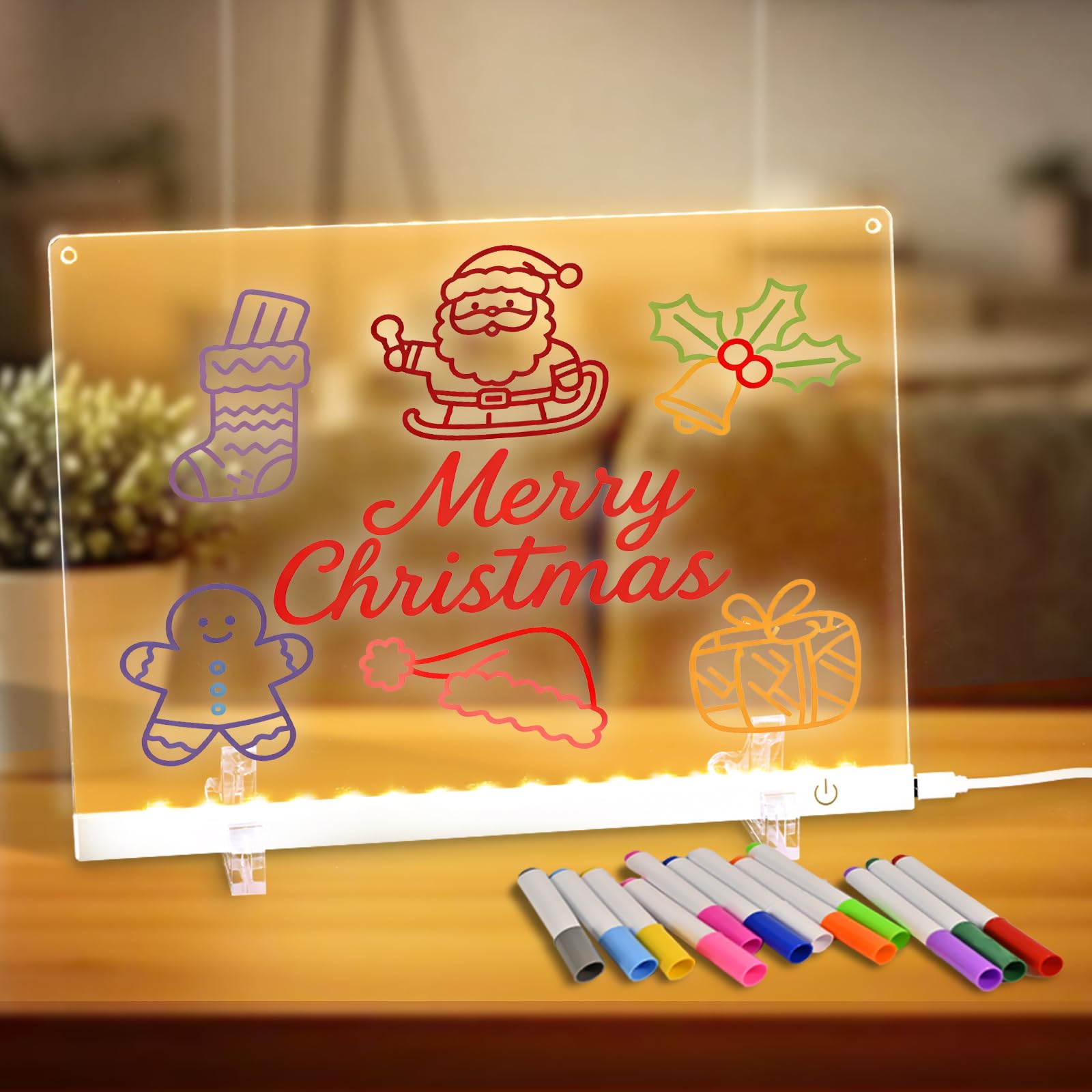 11.8"x8.5" Acrylic Dry Erase Board with Light, Light up Dry Erase Board Brightness Adjustable as Glow Memo LED Letter Message Note Board with Stand