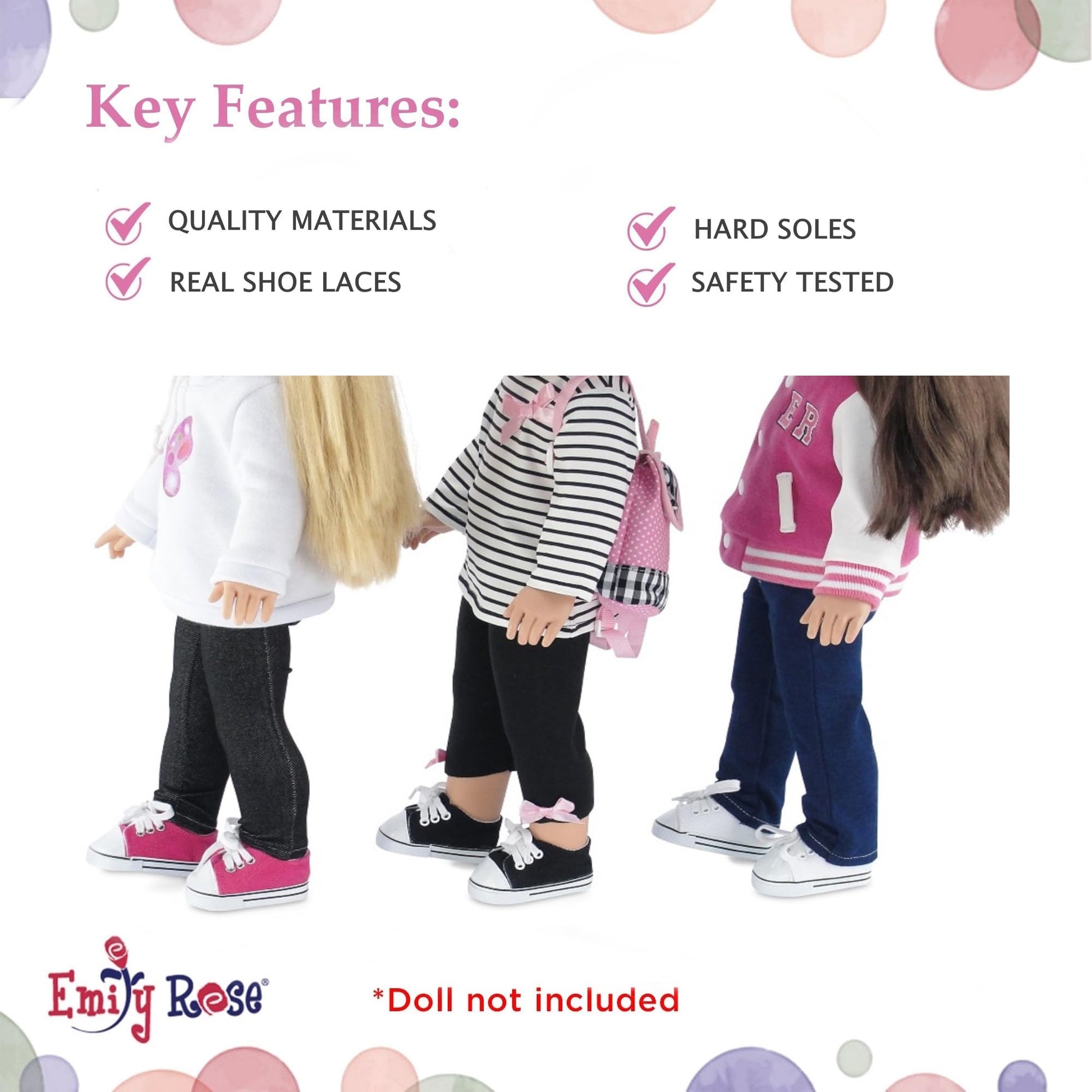 Emily Rose 18-inch Doll Canvas Sneakers 3-Pack - Pink, White & Black Tennis Shoes - 18" Doll Accessories Gift Set - Compatible with American Girl &