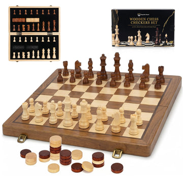 Tobaisaa 15 Inch Natural Wood 2 in 1 Magnetic Chess & Checkers Set