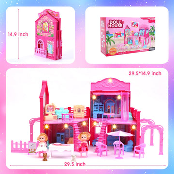 BRAITEN Doll House, with 4 Rooms, 2 Dolls, Toy Furniture Accessories, Pet Play Area?Slide Dollhouse Dlayset, Dollapsible Portable Playhouse