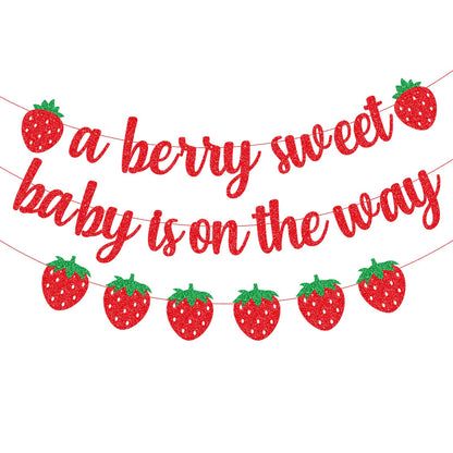 A Berry Sweet Baby Is On The Way Banner with Strawberry Garland, Berry Fruit Themed Baby Shower Gender Reveal Decorations, Summer Garland Photo Prop
