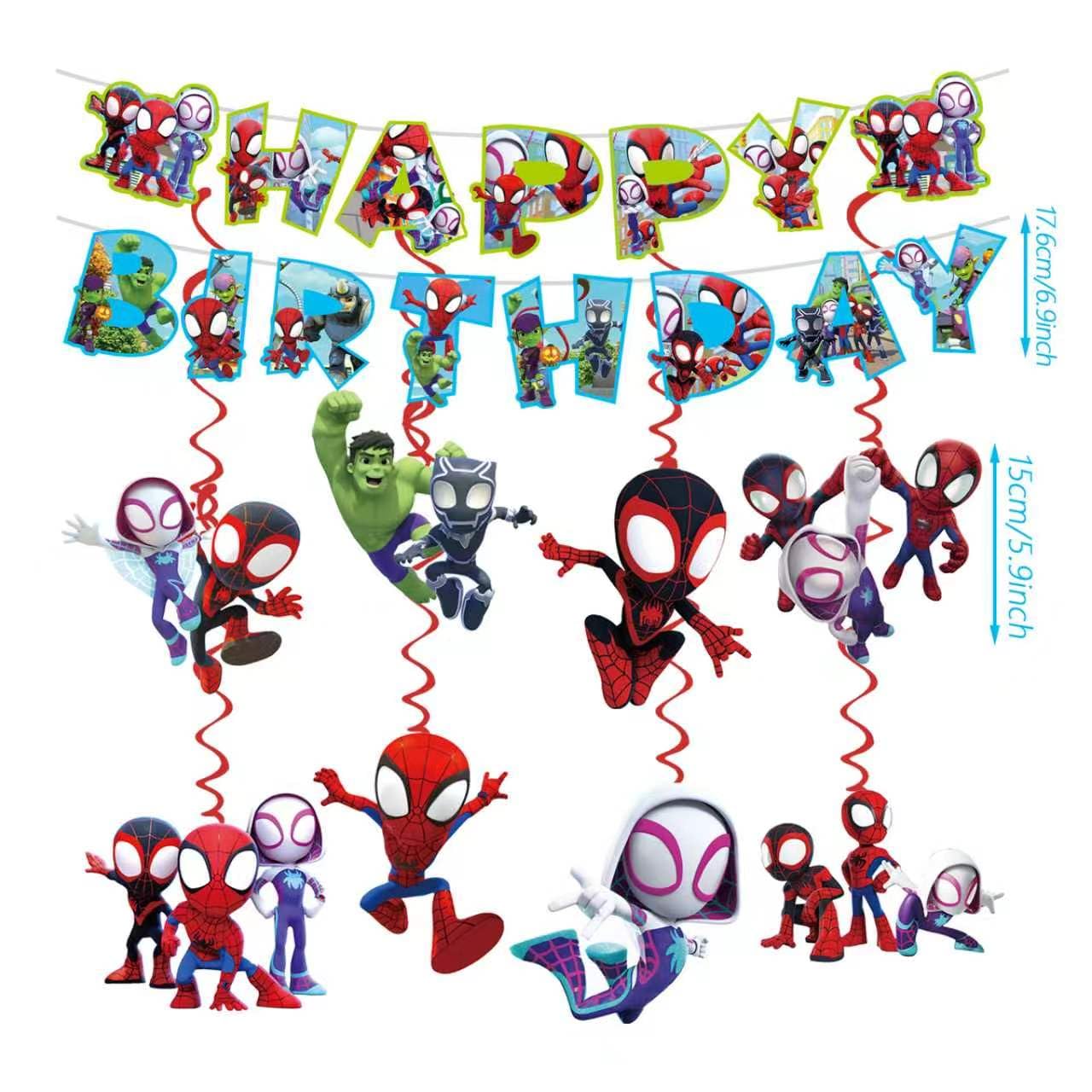 For Spide Happy Birthday Banner, Party Decoration With 8 Vortex Decorative Pendants