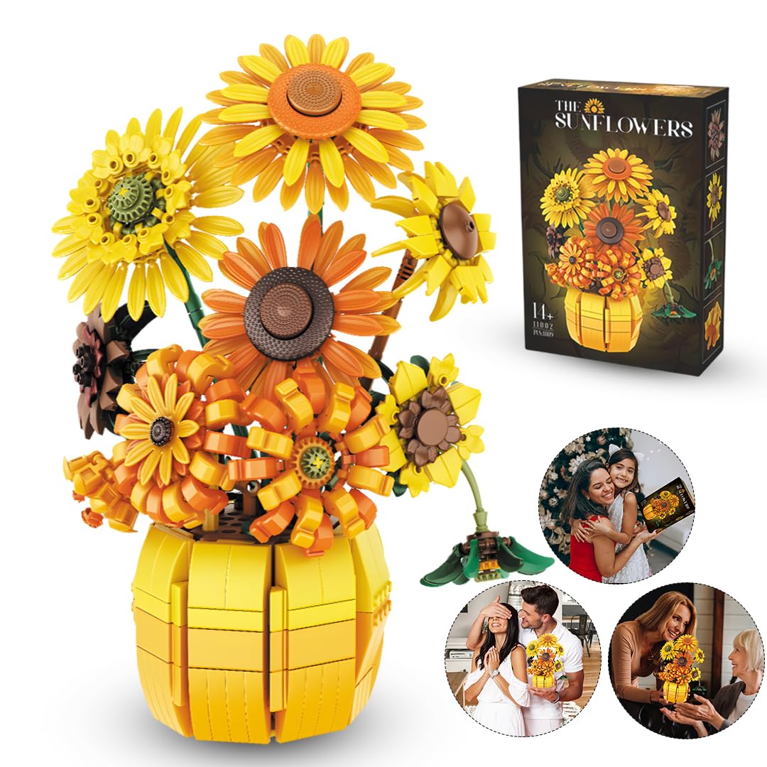 MRBM Sunflower Building Set with Vase, Van Gogh-Inspired Botanical Flower Collection for Adults & Teens, Flower Garden Building Toys for Women
