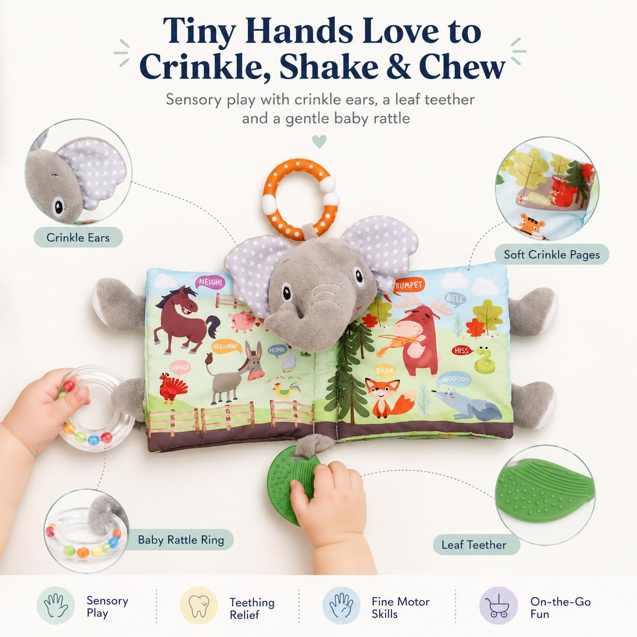 Elephant Baby Toy, Baby Toys 0-6 Months, Infant Toys 6-12 Months, Lovey Crinkle Books for Babies, Sensory Toys,Baby Teething, Baby Rattle,Touch Feel