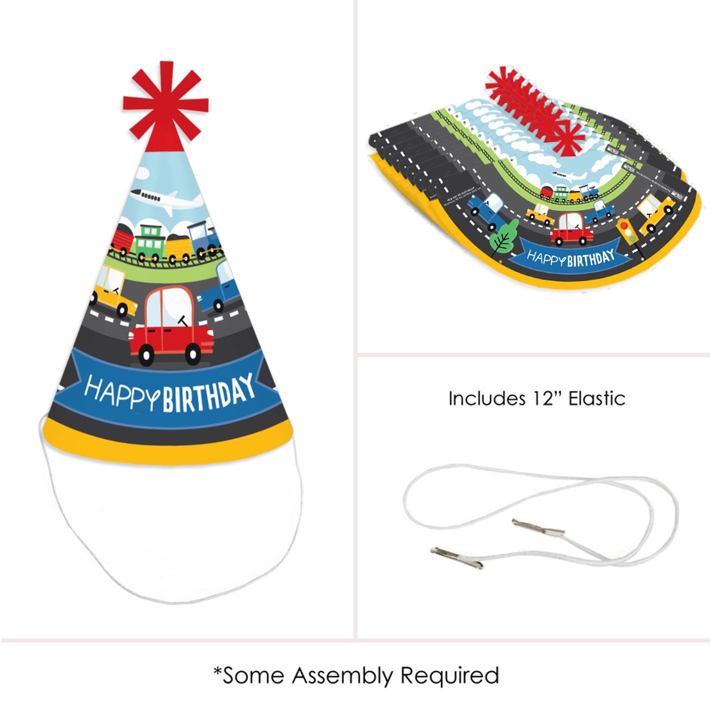 Big Dot of Happiness Cars, Trains, and Airplanes - Cone Happy Birthday Party Hats for Kids and Adults - Set of 8 (Standard Size)