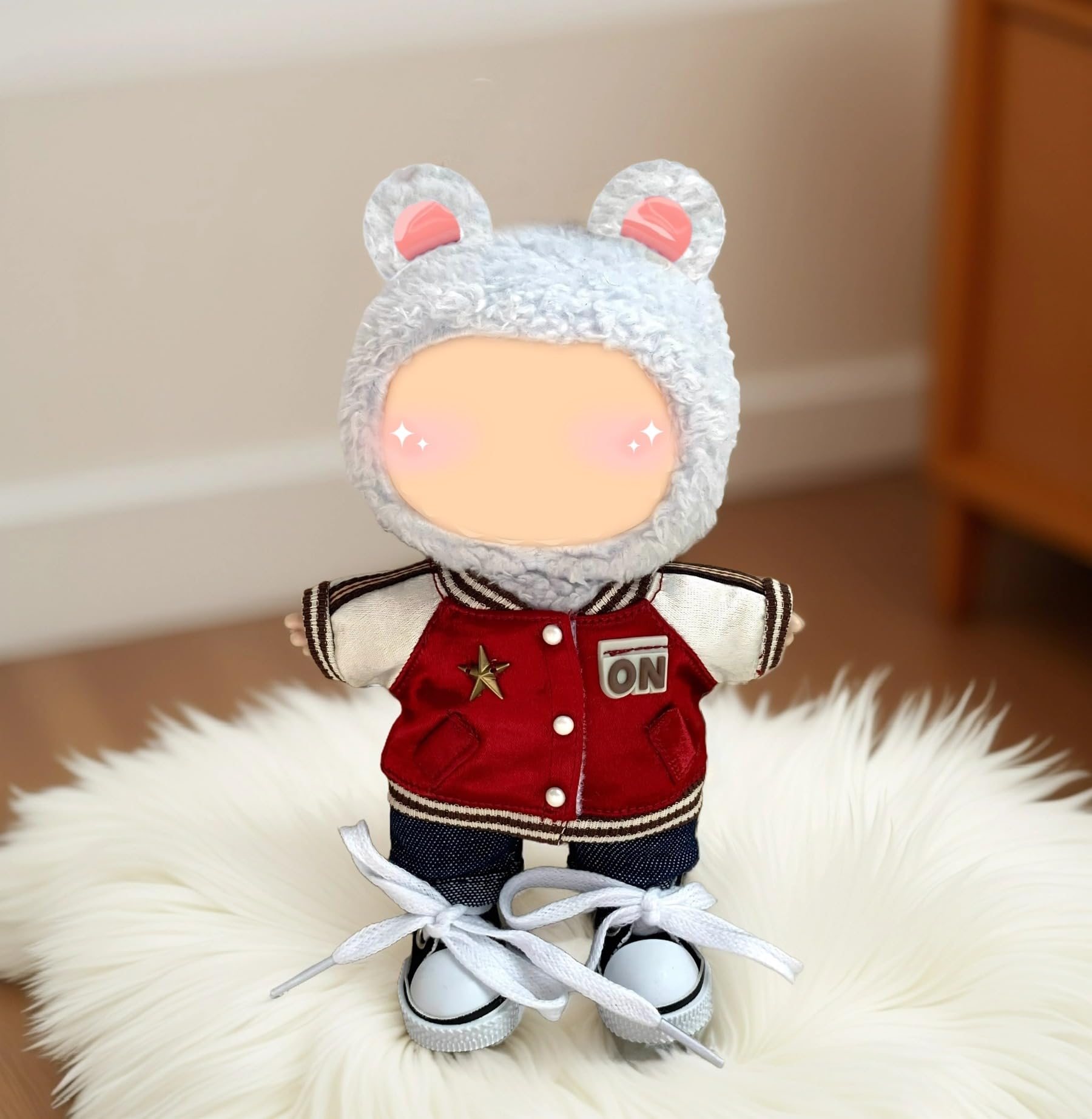3-Piece 17cm Doll Outfit Set - Baseball Jacket, Denim Pants & Canvas Shoes - Red Sporty Style for Collectible Figures - No Doll Included