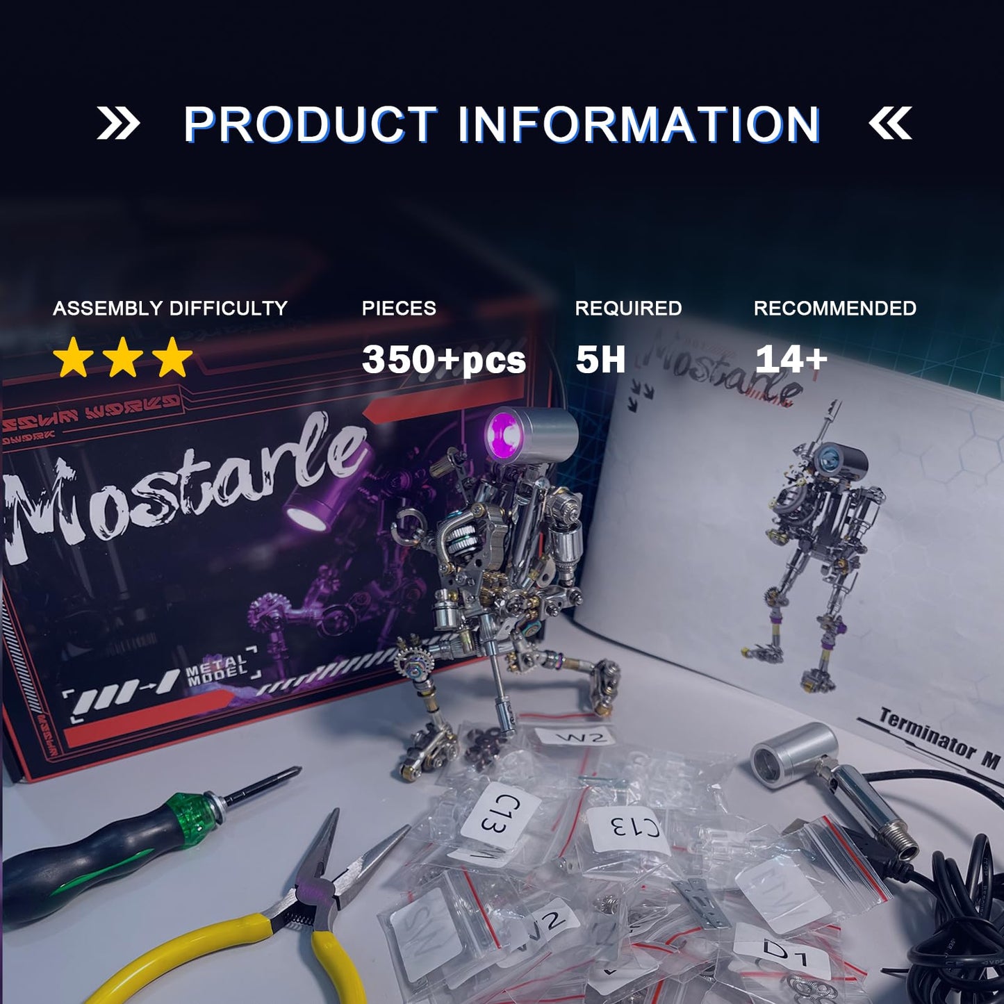 Mostarle Terminator M 3D Metal Puzzle, Arcynix DIY Mechanical Robot Model Kit, Sci-Fi Design LED Light Feature Unique Gift for Adults & Teenager