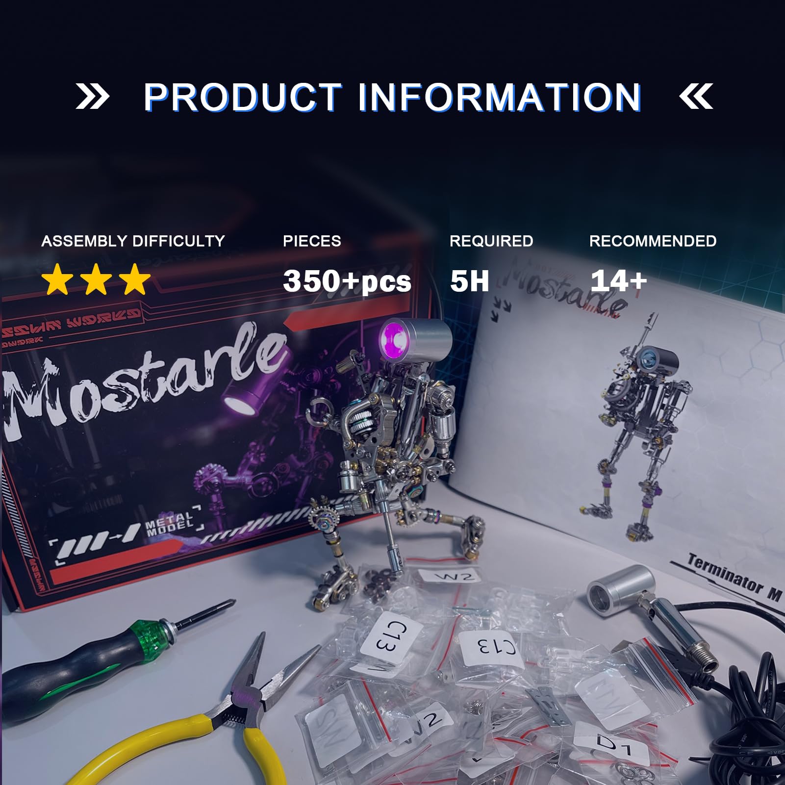 Mostarle Terminator M 3D Metal Puzzle, Arcynix DIY Mechanical Robot Model Kit, Sci-Fi Design LED Light Feature Unique Gift for Adults & Teenager