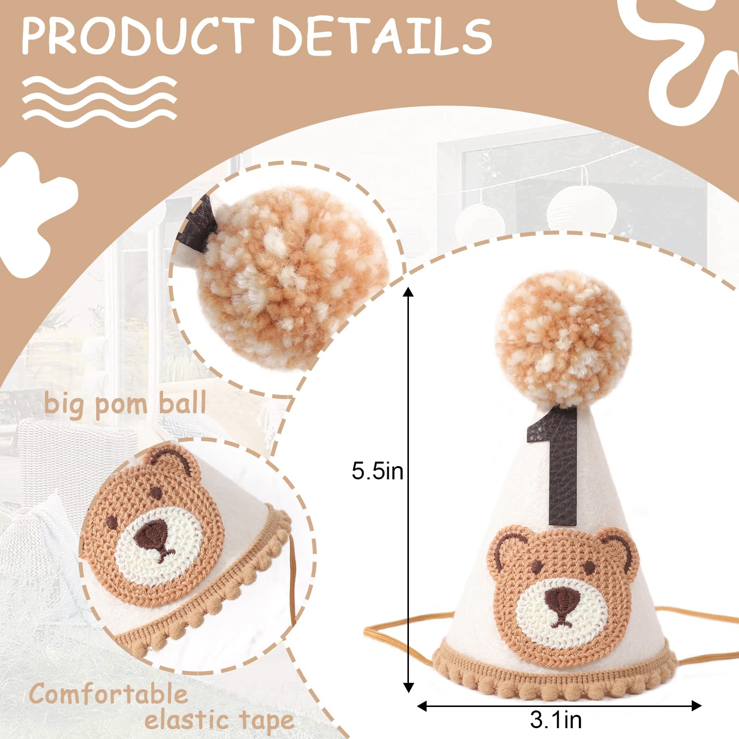 VAVAYAO Bear 1st Birthday Party Decorations - Teddy Bear Crown Outfit, Woodland Camping Theme, Cone Hat