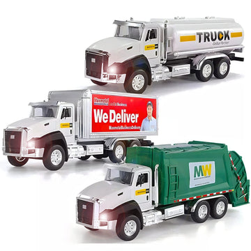3 Pack City Diecast Semi Trucks Transport Set - Big Toy Garbage Truck, Oil Tanker, & Transport Vehicle Toy with Pull Back Action - 1/50 Scale Metal