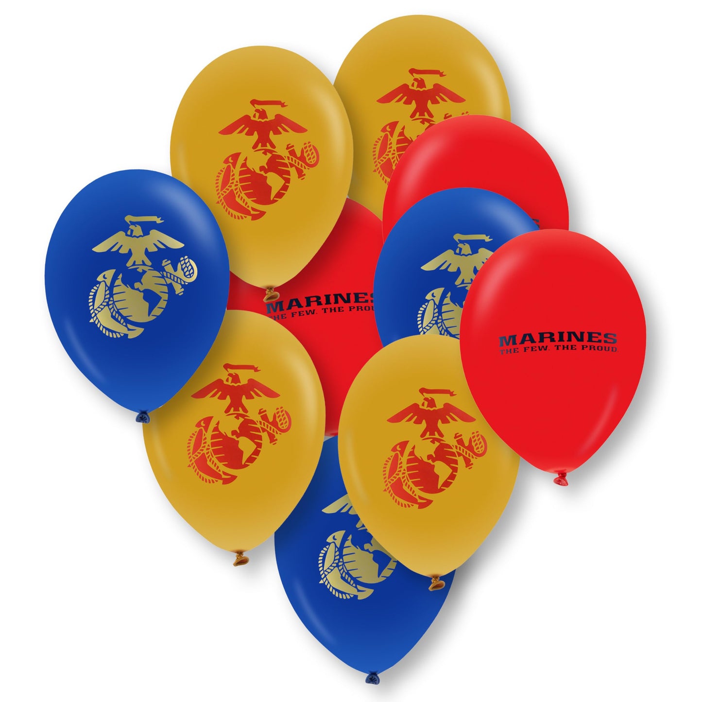 U.S. Marines Party Balloons (10pcs) 12” Latex Balloons in Red, Gold, and Blue with contrasting print on 2 sides. Officially Licensed by