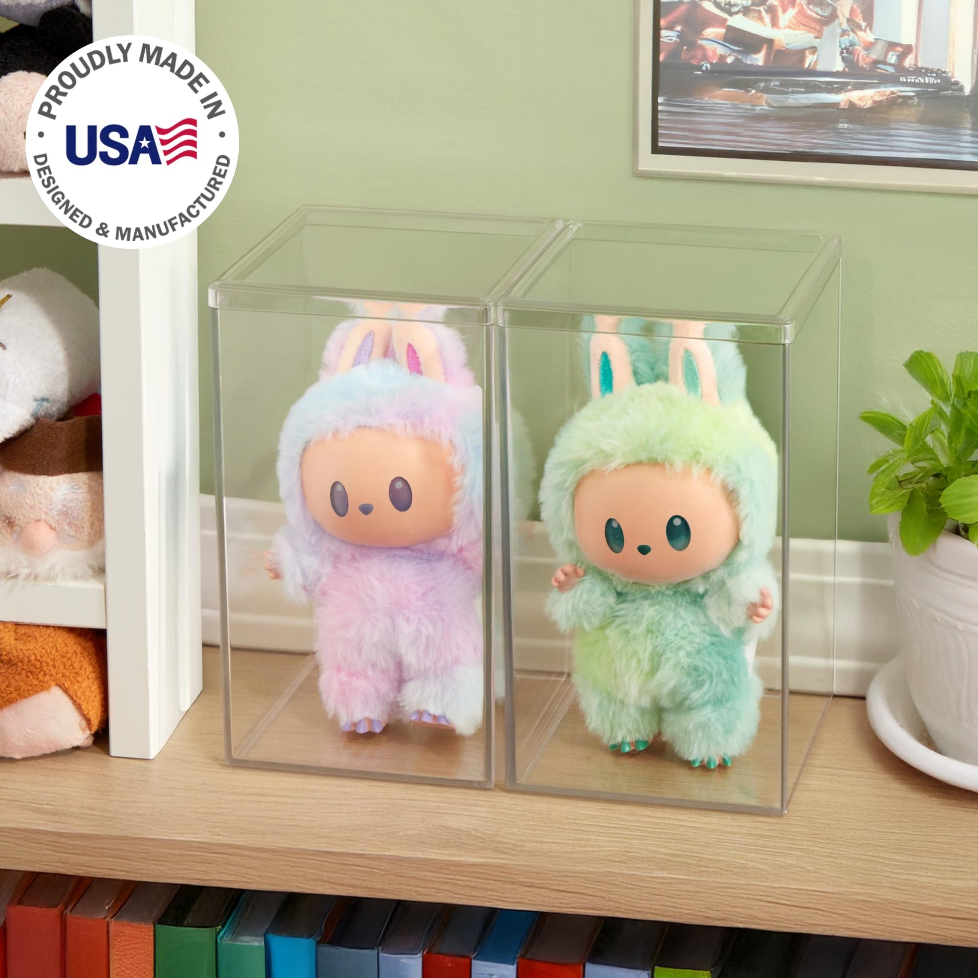 STORi Clear Plastic Stackable Display Case with Lid, Set of 2, Store Figurines, and Plush Collectibles, Box for Action Figures, Made in USA