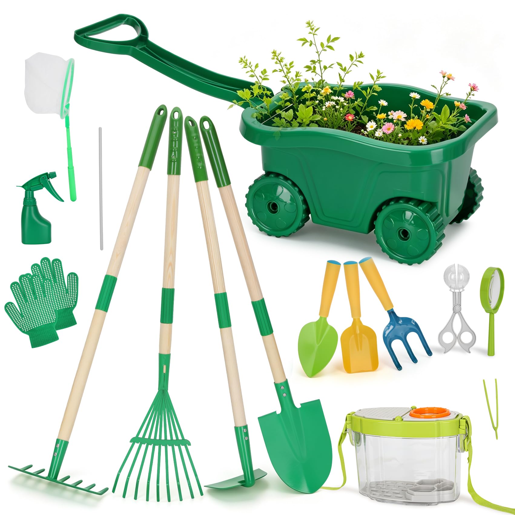 16Pcs Kids Gardening Tools,2-in-1 Kids Garening Wheelbarrow Toys