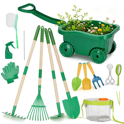 16Pcs Kids Gardening Tools,2-in-1 Kids Garening Wheelbarrow Toys