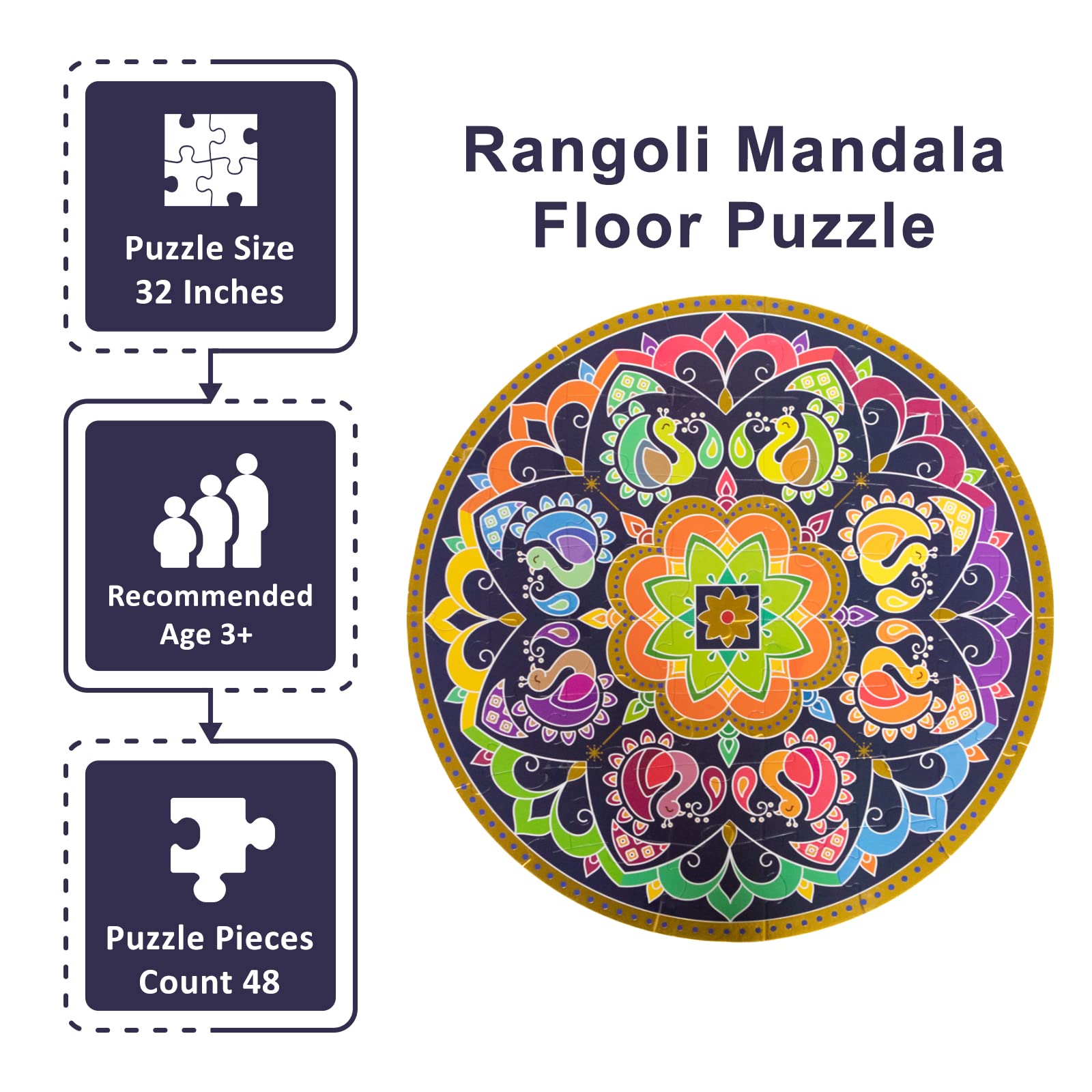 Kulture Khazana Rangoli Mandala Floor Puzzle - 48 Piece Puzzle 32 inches, Colorful Giant Floor Puzzle, Indian Art, Montessori Puzzle, Holi, Festival
