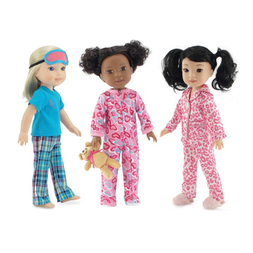 Emily Rose 14 Inch Doll 8-Piece Pajama Bundle | Silky Animal Print, Heart Footed Onesie & Plaid PJs with Slippers - Includes Teddy Bear & Eye Mask |