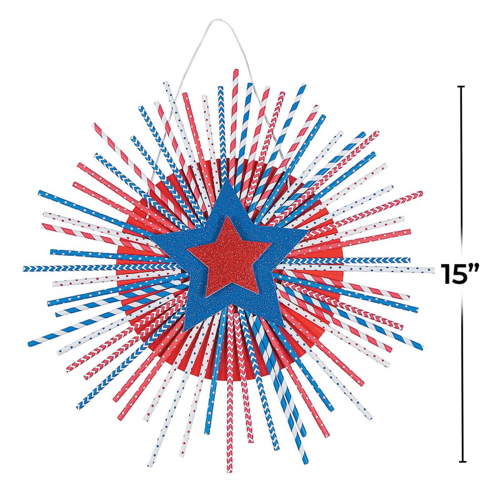 Fun Express Patriotic USA Straw Wreath Craft Kit - Makes 3 - DIY 4th of July Craft Kits