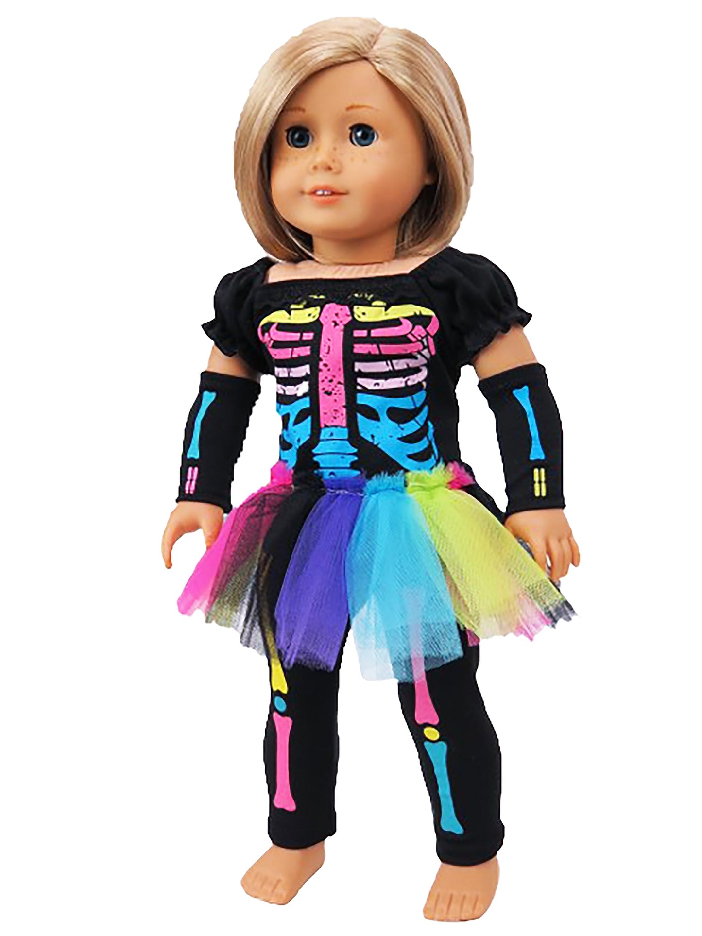 American Fashion World Electric Neon Skeleton Halloween Costume for 18-inch Dolls| Premium Quality & Trendy Design | Dolls Clothes | Outfit Fashions