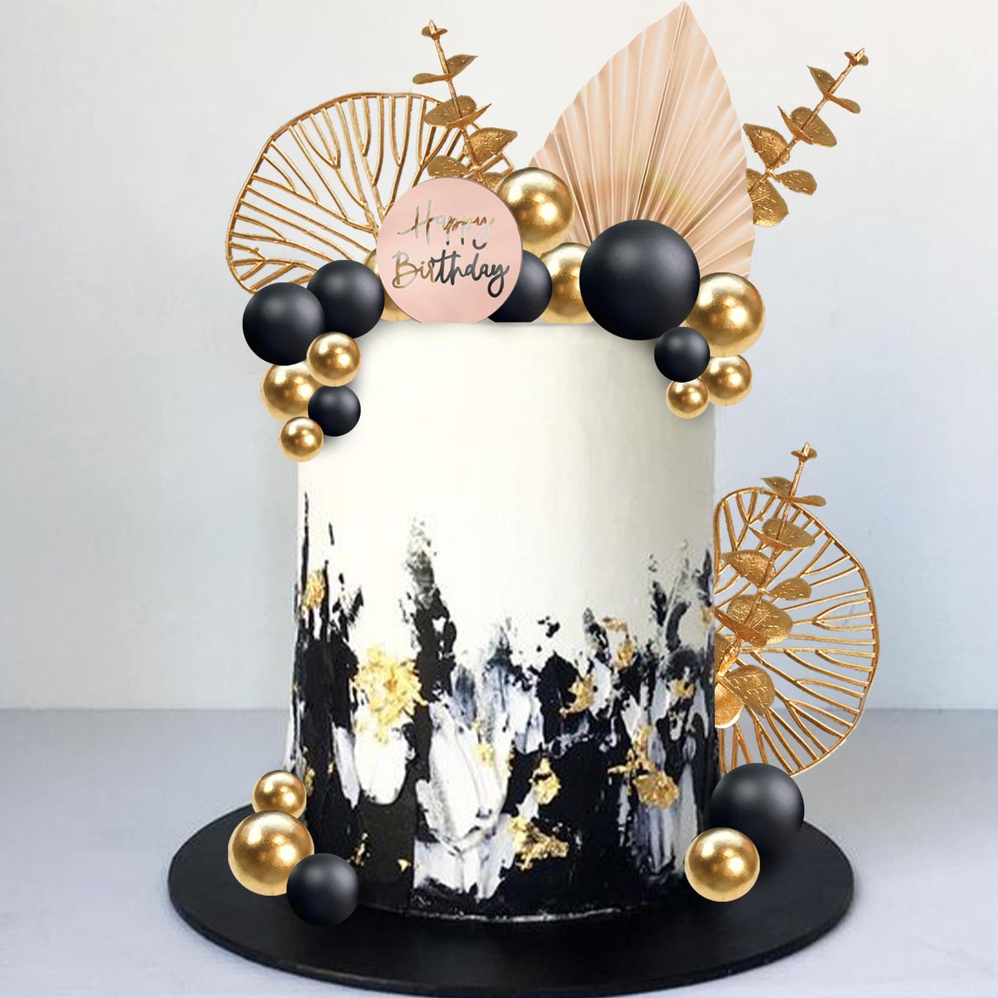 Boho Cake Topper Happy Birthday Cake Decorations with Balls Eucalyptus for Wedding Birthday Supplies (Black)
