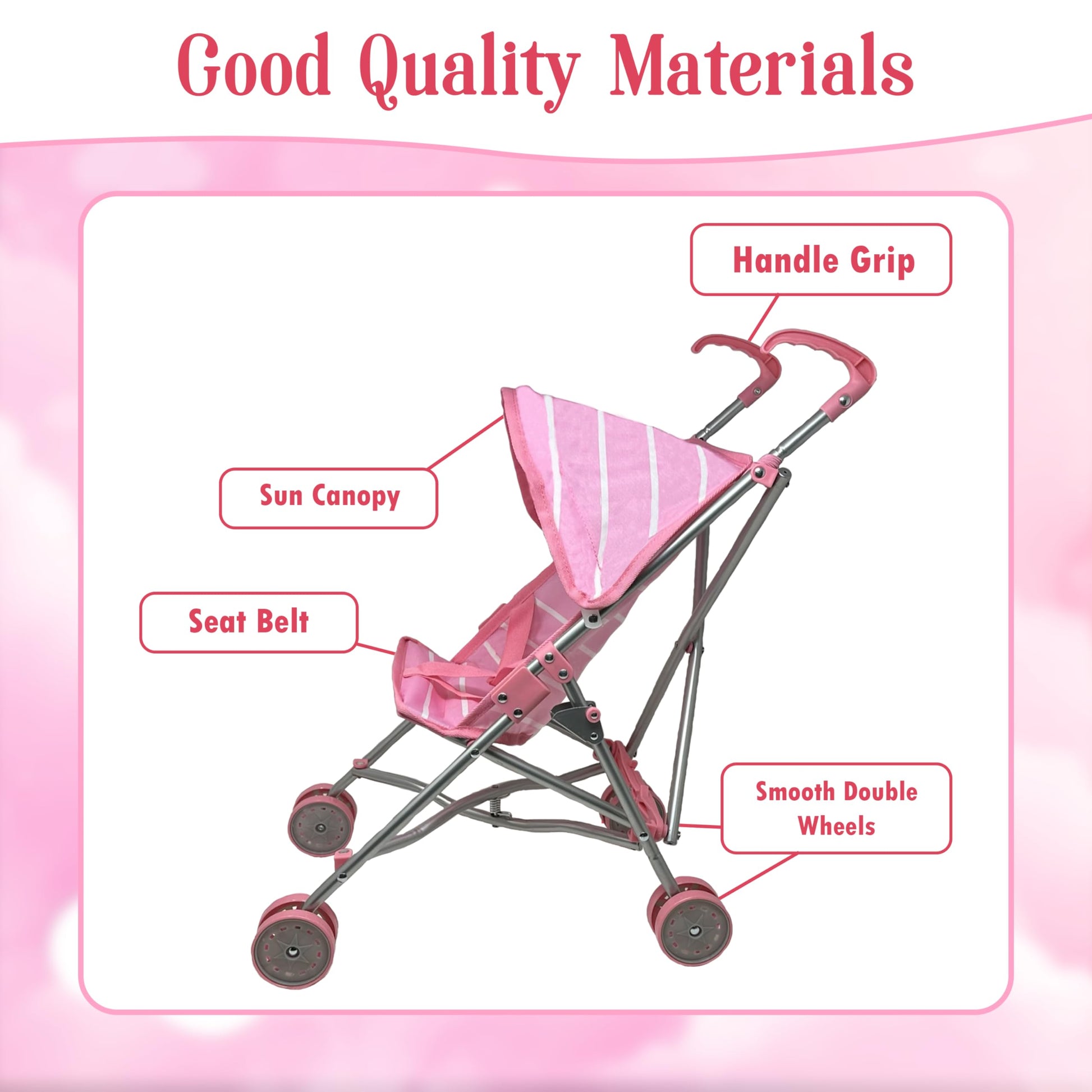 Baby Doll with Stroller Set - 12" Baby Doll with Pacifier Gift Set - Pink Fabric Baby Stroller Toy for Kids - Foldable Play Stroller for Dolls