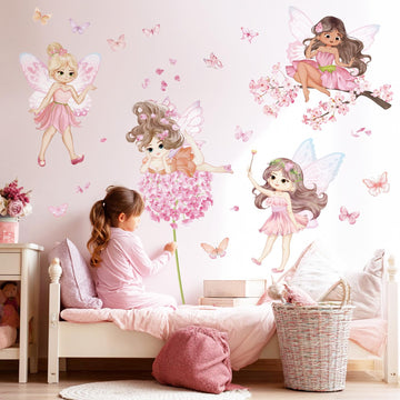 Fairy Wall Decals Pink Butterfly and Flower Wall Sticker for Girls Bedroom Baby Kids Room Perfect for Childrens Day Birthday Party Favors Wall Decor