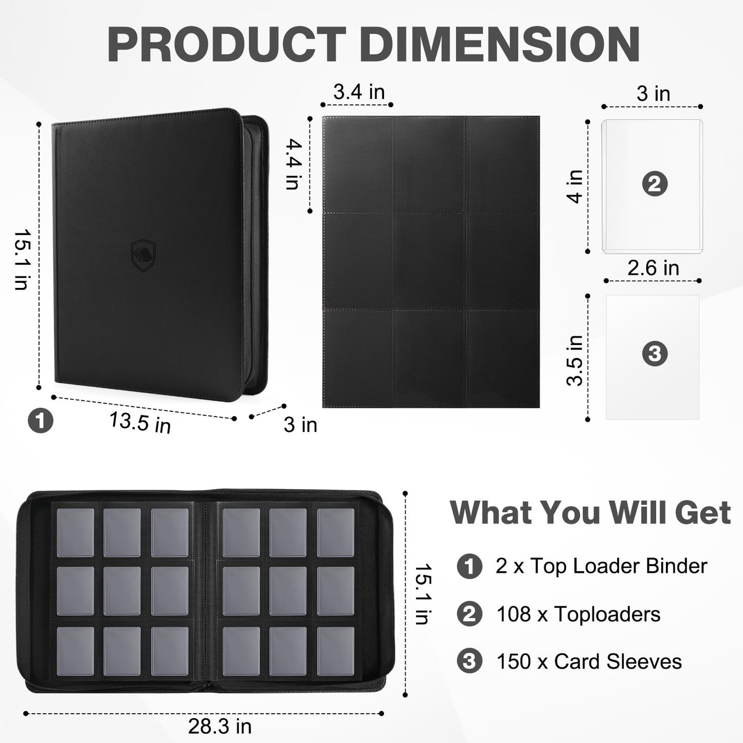 Top Loader Binder 2 Pack, Holds 720 Toploader, 108 Toploaders and 150 Card Sleeves INCLUDED, 9 Pocket Toploader Binder for 3" x 4" Rigid Toploaders