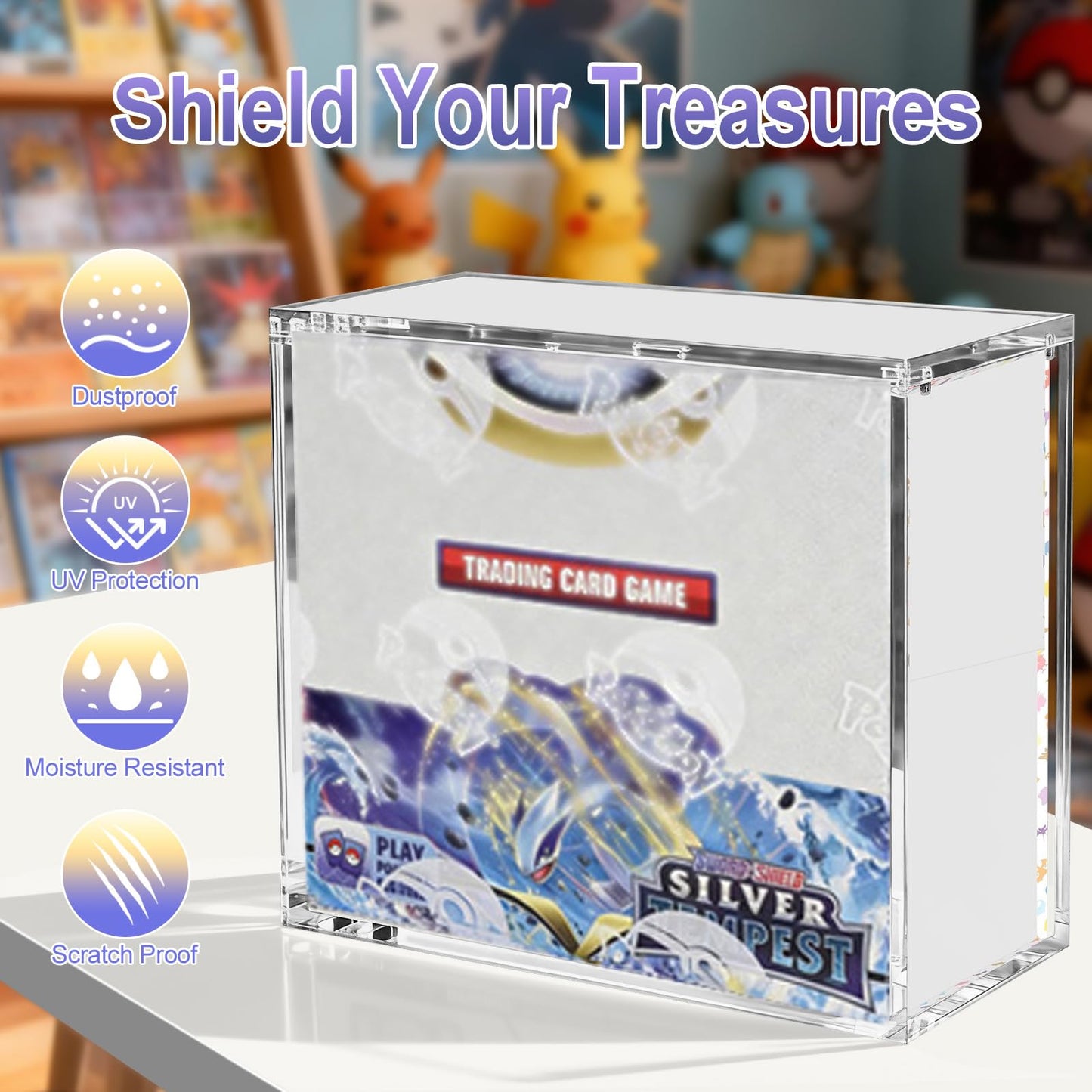 PKMN Booster Box Display Case, Clear Acrylic Protector for Booster Box TCG Trading Card | 5mm Thick with Magnetic Lid, UV Blocking & Dust Proof