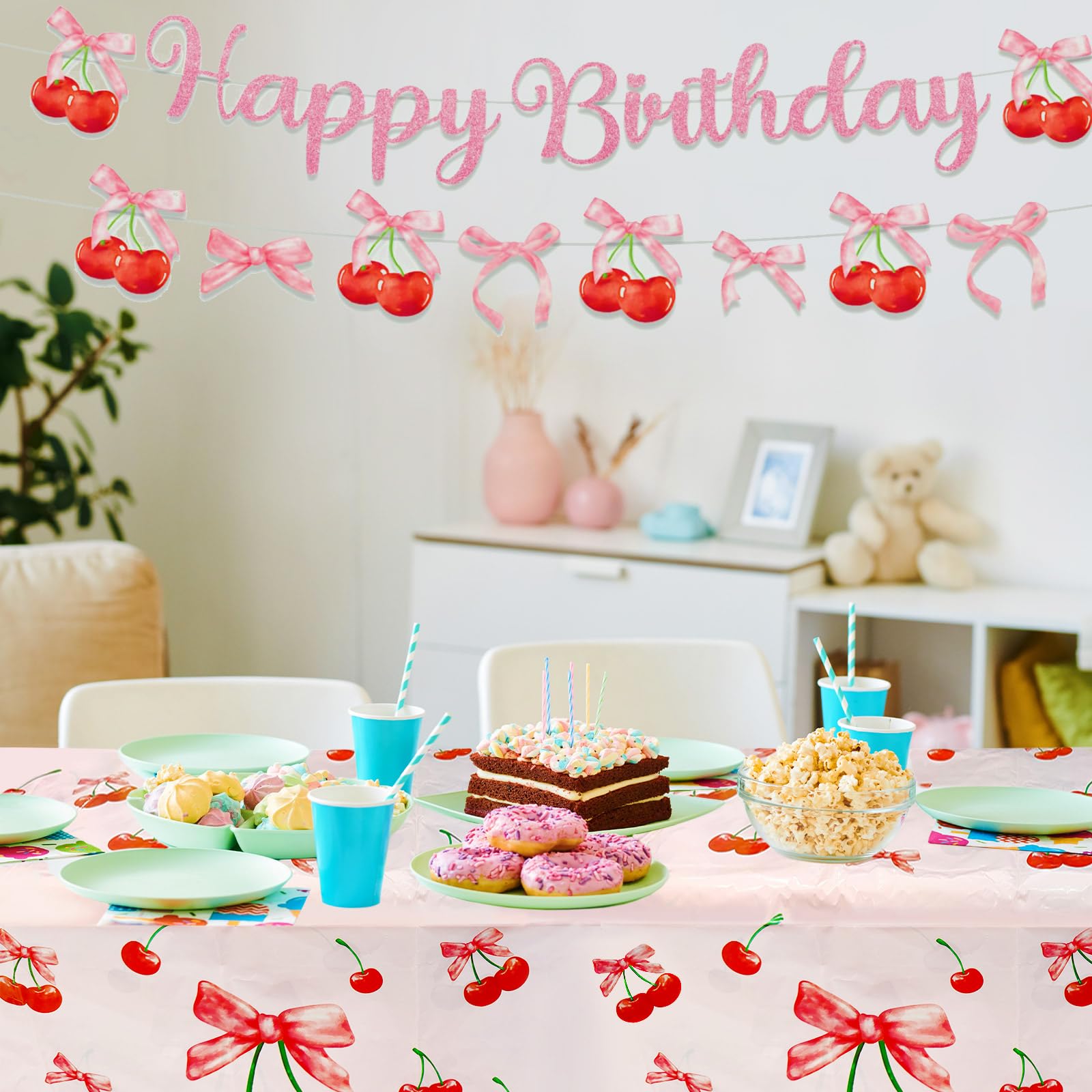 3Pcs Cherry Birthday Decorations Tablecloths 54 x 108 Inch Waterproof Cherry Heart Table Cover Disposable Fruit Theme Party Supplies Table