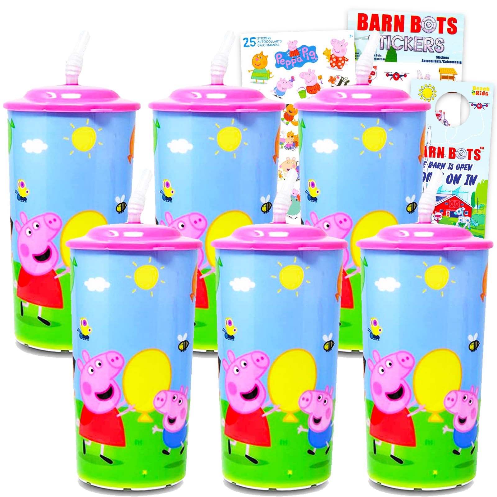 Peppa Pig Reusable 16 oz Sipper Tumbler Cups 6 Pack - Peppa Pig Dinnerware Bundle with 6 Reusable Cups Plus Stickers for Girls and Boys