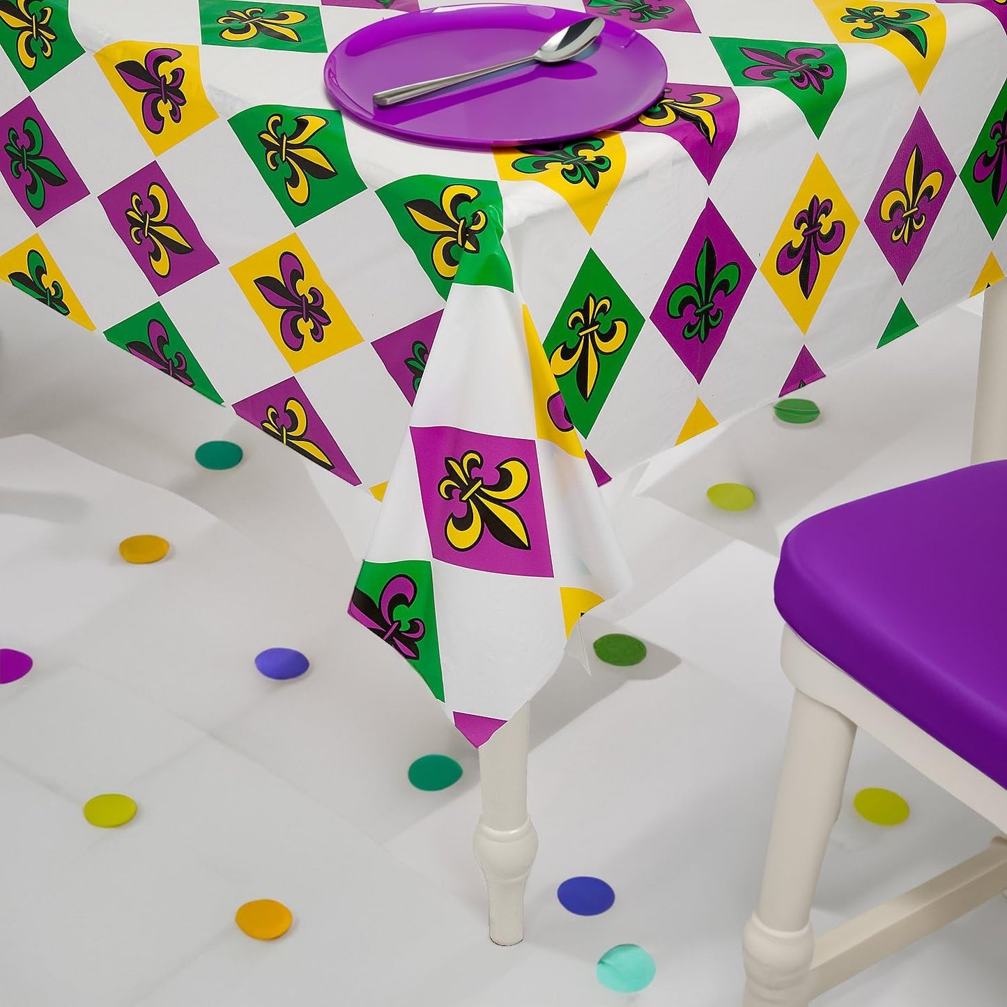 Fun Express Mardi Gras Plastic Tablecloth Roll 40" x 100 ft.- Perfect for Party Supplies, Celebrations, and Festive Events - 1 Durable Piece for Easy