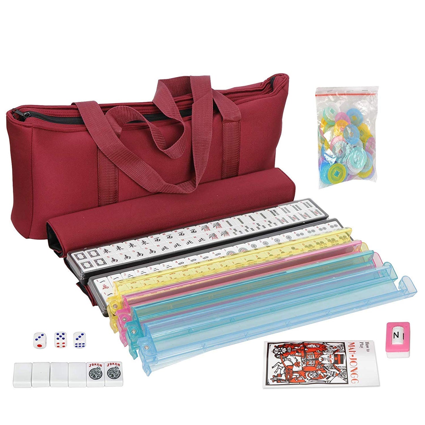 HNDTEK American Mahjong Set 166 Tiles, 4 Colors All-in-One Rack/Pushers, Red Soft Bag and Accessories -Classic Full Size Complete Mahjong Set.