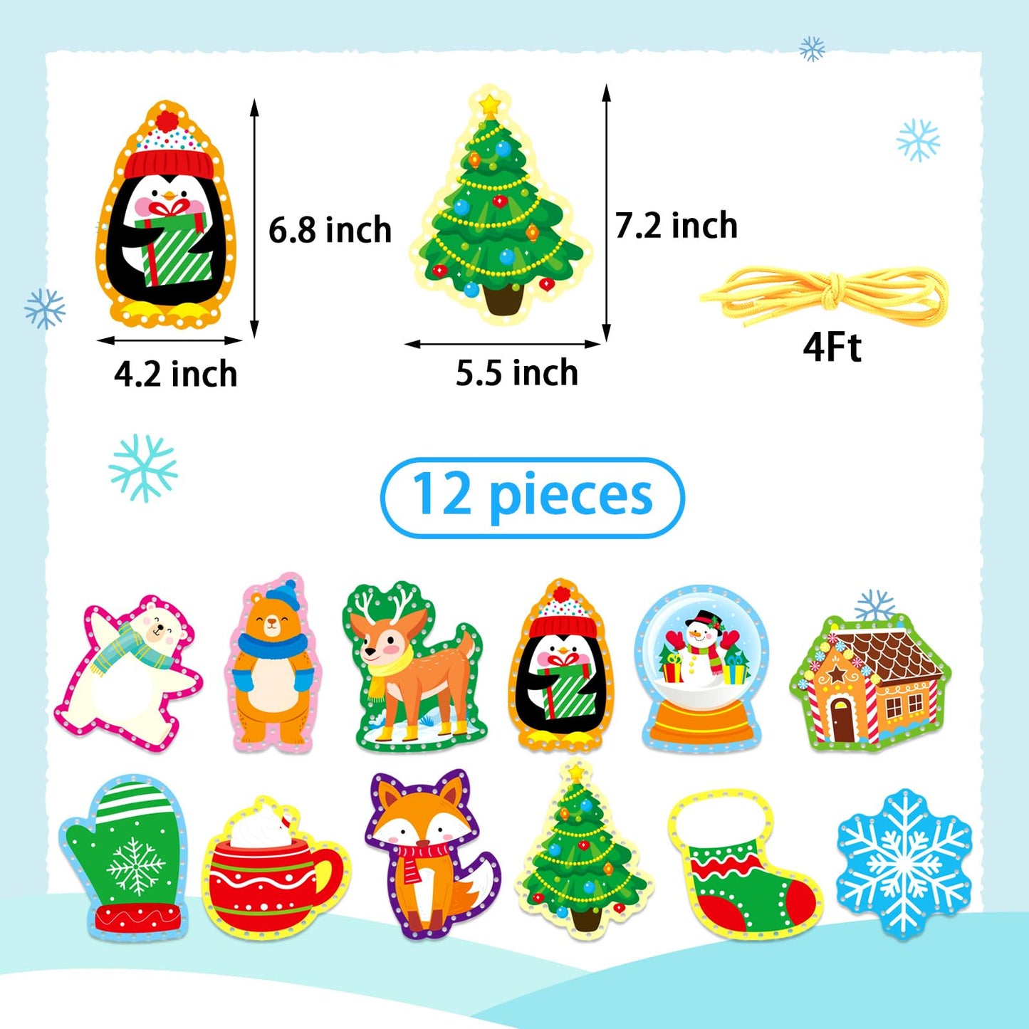 Winter Animal Lacing Cards For Kids 12 Packs Double Sided Sewing Kits Christmas Sewing Cards Educational & Learning Activities Fine Motor Skill